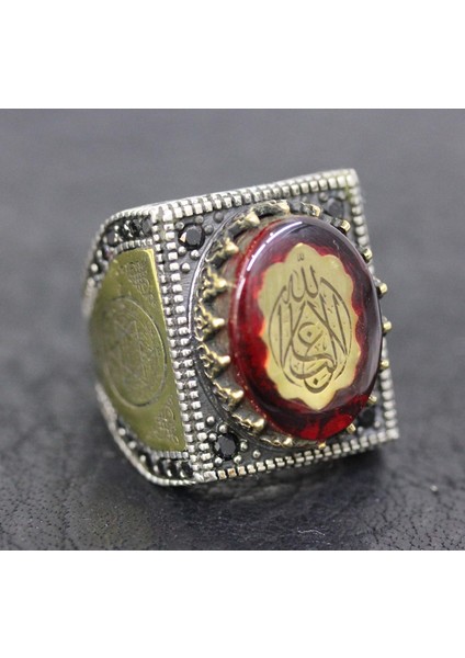 Erkek Sterling Gümüş Yüzük, Cami Işlemeli Yüzük, Amber Taşlı, Islami Yüzük fırsatları