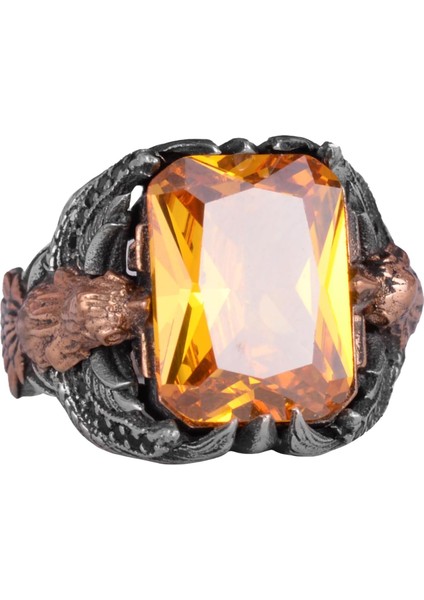 Erkekler Için Kartal Sembolü Yaratılmış Taş Yüzük, El Yapımı 925 Ayar Gümüş Yüzük - Koruma Sembolü (Yaratılmış Sitrin)