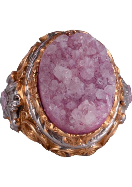 Doğal Taş Yüzük - Erkekler Için Sultan Yüzüğü - Altın Kaplama 925 Ayar Gümüş Yüzük - El Yapımı Yüzük (Drusy Kuvars)