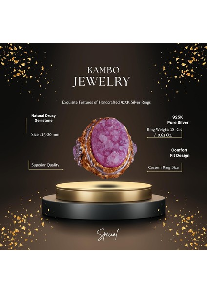 Doğal Taş Yüzük - Erkekler Için Sultan Yüzüğü - Altın Kaplama 925 Ayar Gümüş Yüzük - El Yapımı Yüzük (Drusy Kuvars) fiyatları