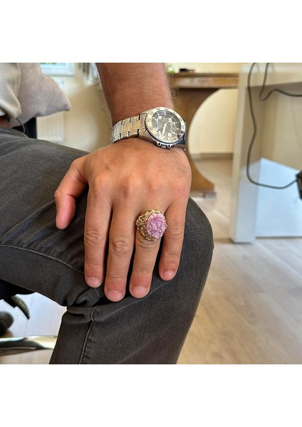 Doğal Taş Yüzük - Erkekler Için Sultan Yüzüğü - Altın Kaplama 925 Ayar Gümüş Yüzük - El Yapımı Yüzük (Drusy Kuvars) modelleri