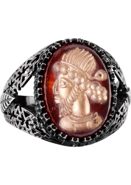 Doğal Akik Taşı Yüzük - 925 Ayar Gümüş Erkek Yüzük - Yerli Kabile Figürlü - Özel Gravürlü Yüzük