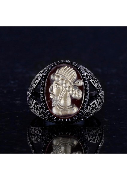 Doğal Akik Taşı Yüzük - 925 Ayar Gümüş Erkek Yüzük - Yerli Kabile Figürlü - Özel Gravürlü Yüzük fırsatları