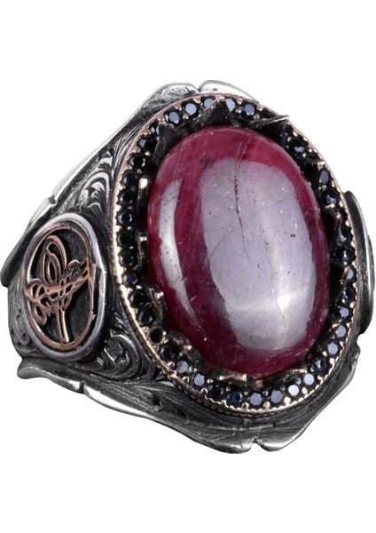 925 Ayar Katı Gümüş Erkek Yüzük - Doğal Taşlarla El Yapımı Şıklık (Cabochon Yakut Taşı)