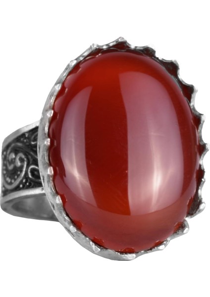 Gerçek Doğal Taş Yüzük - 925 Ayar Gümüş Büyük Yüzük - El Yapımı Yüzük (Kırmızı Akik)