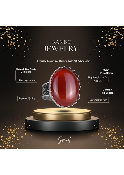 Gerçek Doğal Taş Yüzük - 925 Ayar Gümüş Büyük Yüzük - El Yapımı Yüzük (Kırmızı Akik) fiyatları
