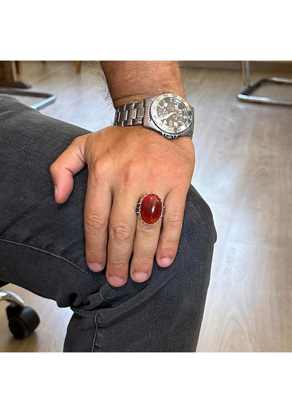 Gerçek Doğal Taş Yüzük - 925 Ayar Gümüş Büyük Yüzük - El Yapımı Yüzük (Kırmızı Akik) modelleri