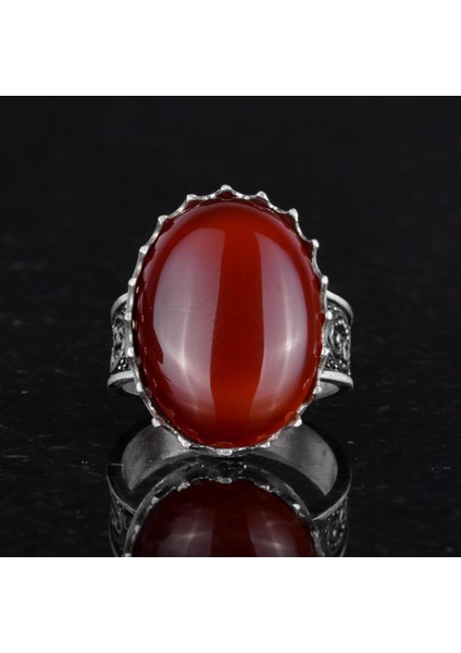 Gerçek Doğal Taş Yüzük - 925 Ayar Gümüş Büyük Yüzük - El Yapımı Yüzük (Kırmızı Akik) fırsatları