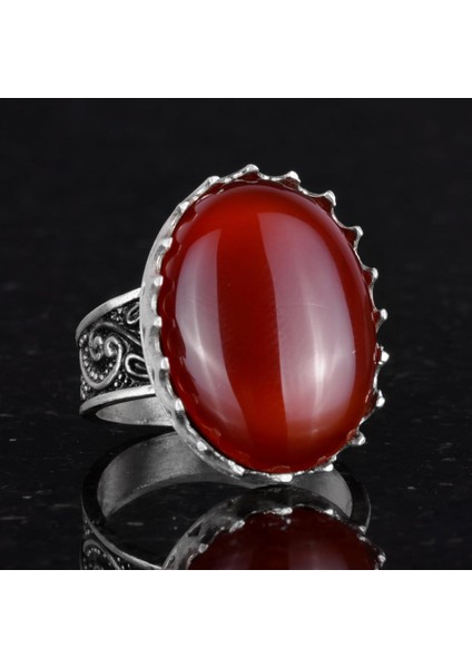 Gerçek Doğal Taş Yüzük - 925 Ayar Gümüş Büyük Yüzük - El Yapımı Yüzük (Kırmızı Akik) indirimleri