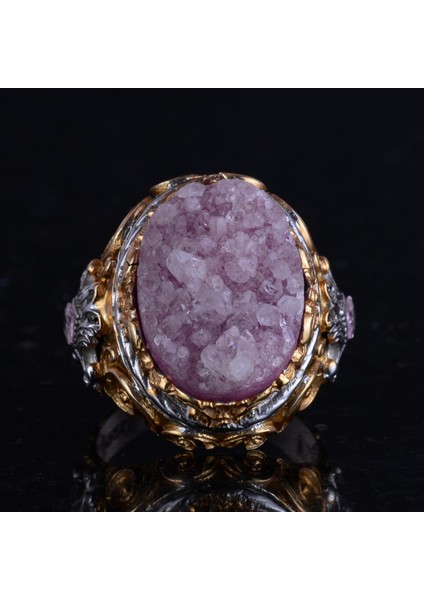 Doğal Taş Yüzük - Erkekler Için Sultan Yüzüğü - Altın Kaplama 925 Ayar Gümüş Yüzük - El Yapımı Yüzük (Drusy Kuvars) fırsatları