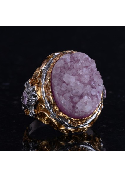 Doğal Taş Yüzük - Erkekler Için Sultan Yüzüğü - Altın Kaplama 925 Ayar Gümüş Yüzük - El Yapımı Yüzük (Drusy Kuvars) indirimleri