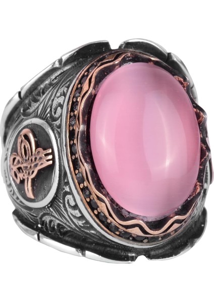 Pembe Kedi Gözlü Taş Yüzük, Osmanlı Tuğrası Gümüş Yüzük, 925 Ayar Sterlin Gümüş Taş Yüzükler - Çeşitli & Farklı Koleksiyon