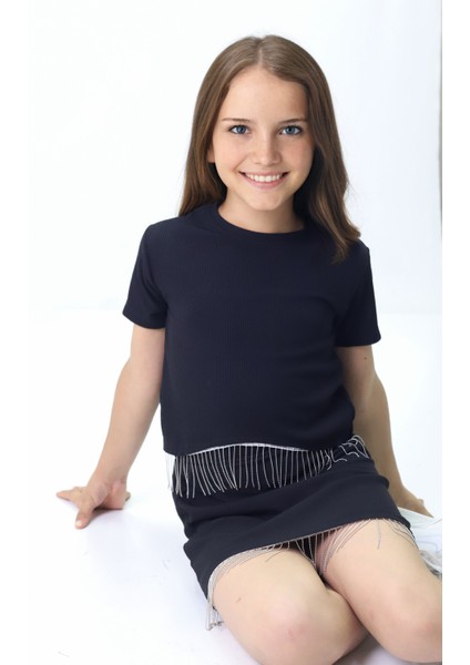 Kız Çocuk Zincir Detaylı Crop Takım – Etekli 4-10 Yaş modelleri