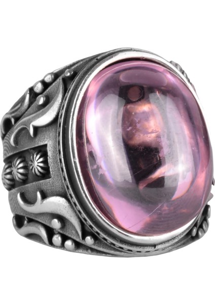 925 Ayar Gümüş Yüzük, Tasarım Gümüş Erkek Yüzüğü (Pembe Topaz Yapay Taş)