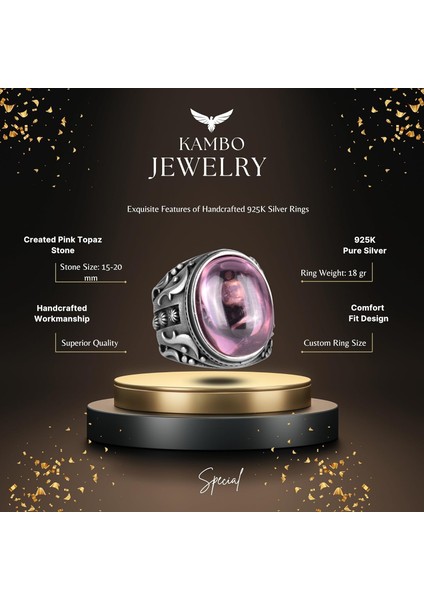 925 Ayar Gümüş Yüzük, Tasarım Gümüş Erkek Yüzüğü (Pembe Topaz Yapay Taş) fiyatları