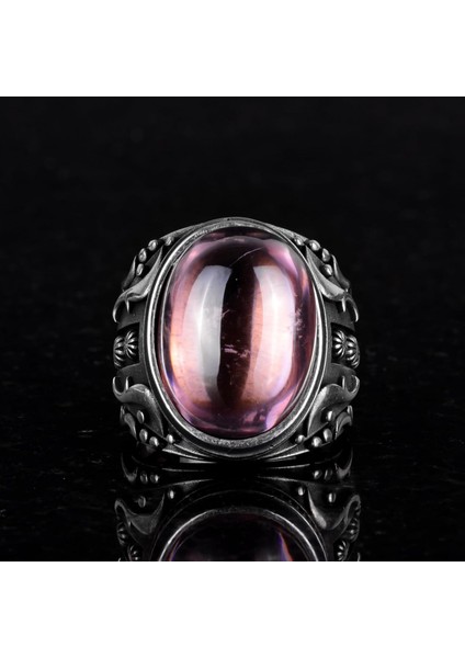 925 Ayar Gümüş Yüzük, Tasarım Gümüş Erkek Yüzüğü (Pembe Topaz Yapay Taş) modelleri