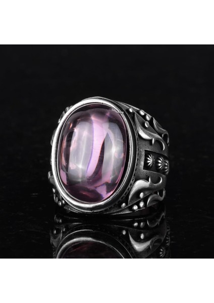925 Ayar Gümüş Yüzük, Tasarım Gümüş Erkek Yüzüğü (Pembe Topaz Yapay Taş) fırsatları