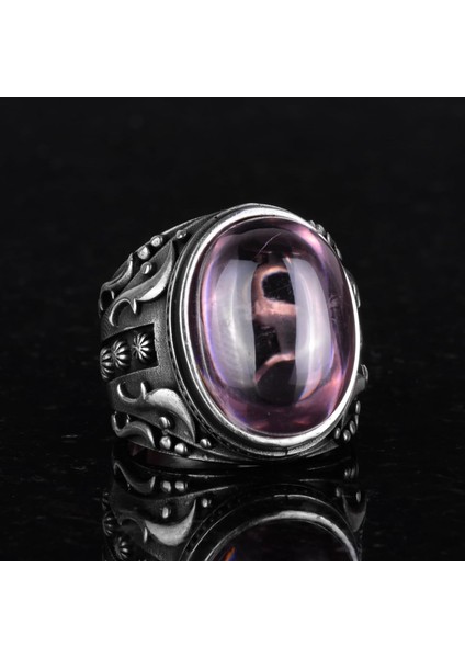 925 Ayar Gümüş Yüzük, Tasarım Gümüş Erkek Yüzüğü (Pembe Topaz Yapay Taş) indirimleri