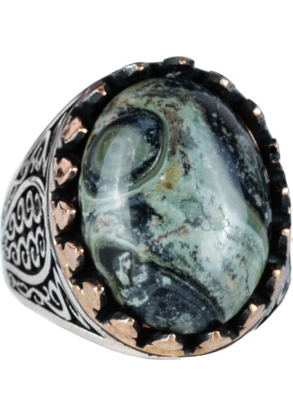 925K Katı Gümüş Erkek Yüzük, Doğal Taşlarla - El Yapımı Şıklık (Yeşil Göz Taşı)