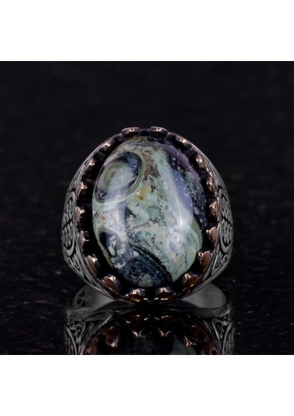 925K Katı Gümüş Erkek Yüzük, Doğal Taşlarla - El Yapımı Şıklık (Yeşil Göz Taşı) fiyatları