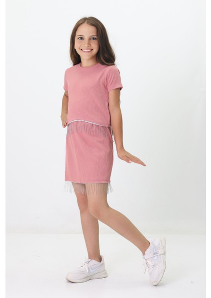 Kız Çocuk Zincir Detaylı Crop Takım – Etekli 4-10 Yaş