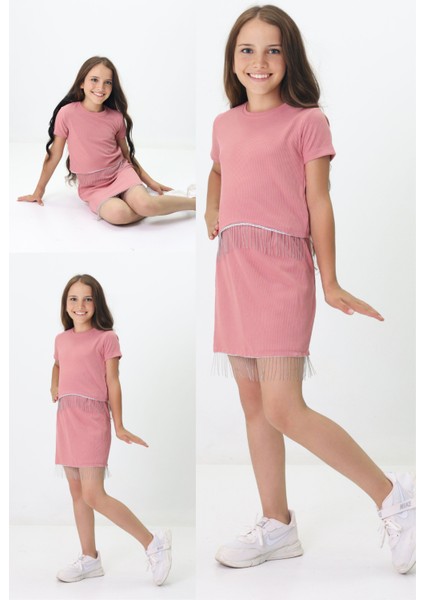 Kız Çocuk Zincir Detaylı Crop Takım – Etekli 4-10 Yaş