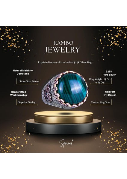 Doğal Taş Yüzük - El Yapımı Kral Yüzüğü - 925 Ayar Gümüş Yüzük (Malakit) fiyatları