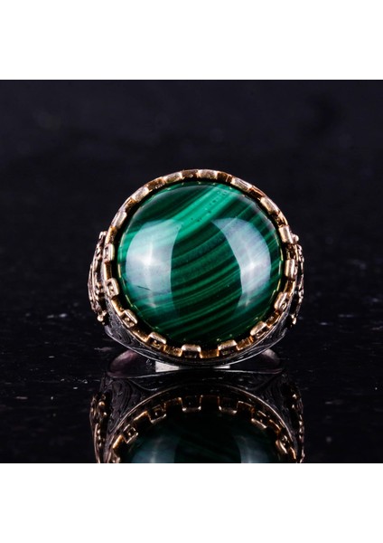 Doğal Taş Yüzük - El Yapımı Kral Yüzüğü - 925 Ayar Gümüş Yüzük (Malakit) fırsatları