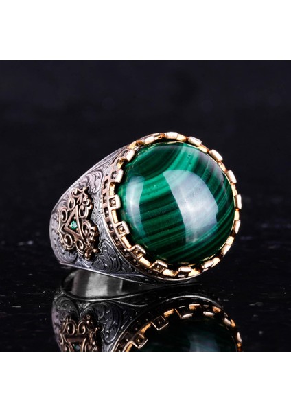 Doğal Taş Yüzük - El Yapımı Kral Yüzüğü - 925 Ayar Gümüş Yüzük (Malakit) indirimleri