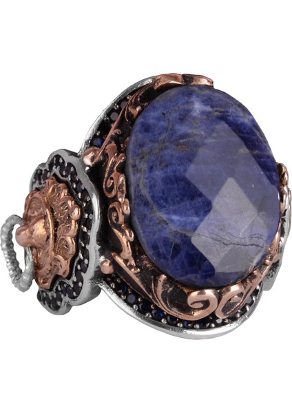 Leo Gümüş Yüzük, Doğal Sodalit Taş Yüzük, 925 Ayar Sterling Gümüş Yüzük