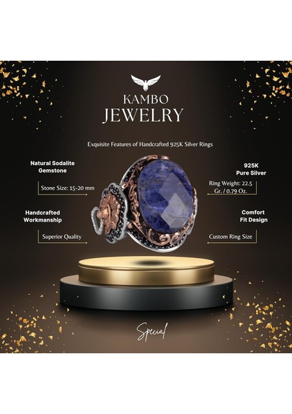 Leo Gümüş Yüzük, Doğal Sodalit Taş Yüzük, 925 Ayar Sterling Gümüş Yüzük fiyatları