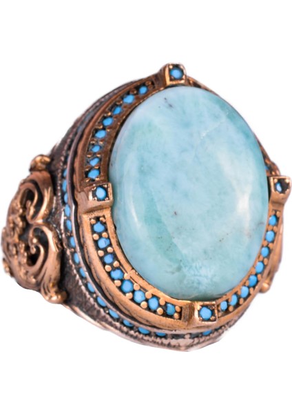 925 Ayar Gümüş Yüzük, Doğal Larimar Taşı ile El Yapımı Vintage Erkek Beyan Yüzüğü