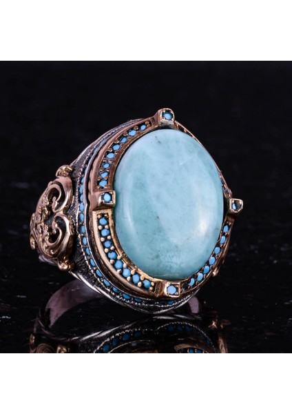 925 Ayar Gümüş Yüzük, Doğal Larimar Taşı ile El Yapımı Vintage Erkek Beyan Yüzüğü indirimleri
