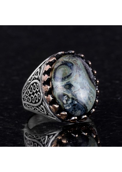 925K Katı Gümüş Erkek Yüzük, Doğal Taşlarla - El Yapımı Şıklık (Yeşil Göz Taşı) modelleri