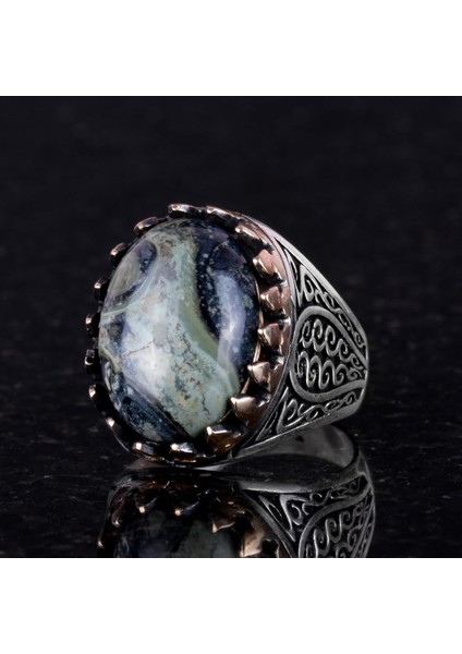 925K Katı Gümüş Erkek Yüzük, Doğal Taşlarla - El Yapımı Şıklık (Yeşil Göz Taşı) fırsatları