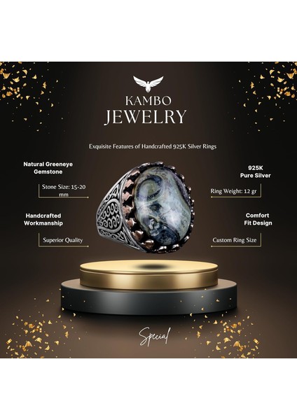 925K Katı Gümüş Erkek Yüzük, Doğal Taşlarla - El Yapımı Şıklık (Yeşil Göz Taşı) indirimleri