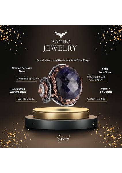 925 Ayar Gümüş Erkek Yüzük - Safir Taş - Aslan Sembolü El Yapımı Yüzük fiyatları