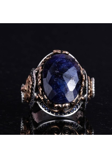 925 Ayar Gümüş Erkek Yüzük - Safir Taş - Aslan Sembolü El Yapımı Yüzük fırsatları