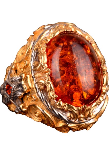 Yapay Amber Taşı Yüzük, 925 Ayar Gümüş Erkek Kral Yüzüğü, Altın Kaplama