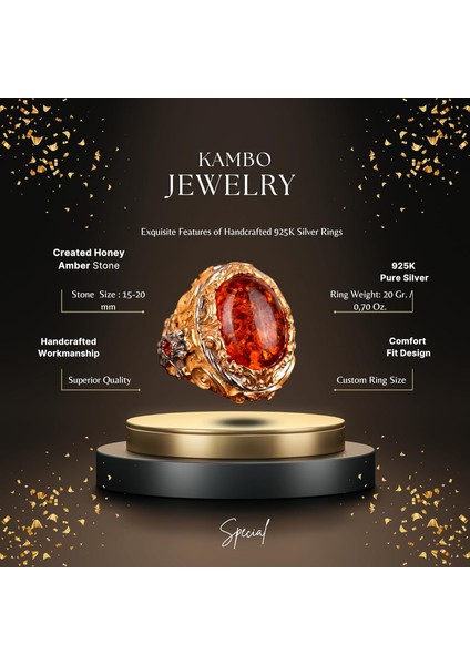 Yapay Amber Taşı Yüzük, 925 Ayar Gümüş Erkek Kral Yüzüğü, Altın Kaplama fiyatları