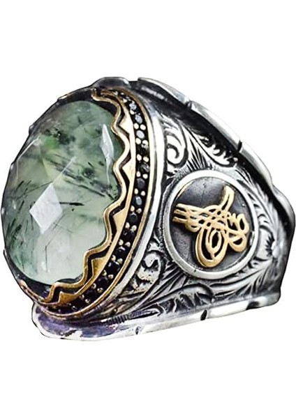 Prehnit Taşlı Yüzük, El Yapımı Osmanlı Tasarımı 925 Ayar Gümüş Erkek Yüzüğü