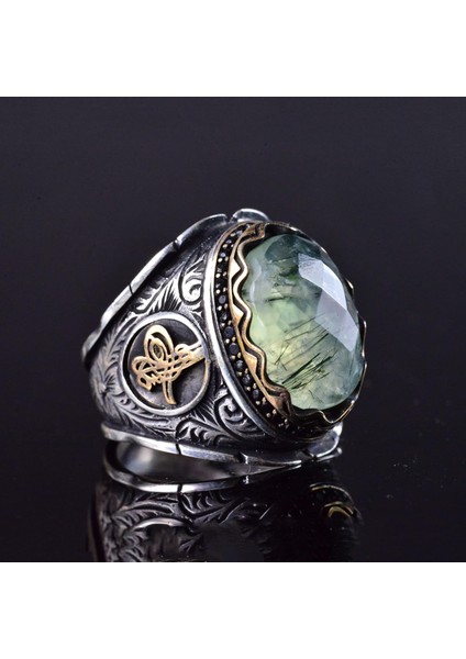 Prehnit Taşlı Yüzük, El Yapımı Osmanlı Tasarımı 925 Ayar Gümüş Erkek Yüzüğü modelleri