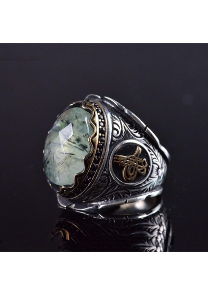 Prehnit Taşlı Yüzük, El Yapımı Osmanlı Tasarımı 925 Ayar Gümüş Erkek Yüzüğü fırsatları