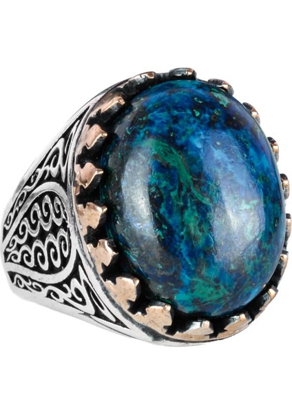 925 Ayar Katı Gümüş Erkek Yüzük Doğal Taşlarla - El Yapımı Zarafet (Azurit Taşı)