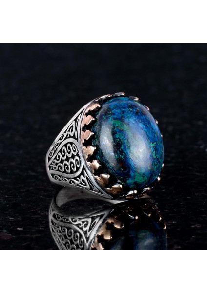 925 Ayar Katı Gümüş Erkek Yüzük Doğal Taşlarla - El Yapımı Zarafet (Azurit Taşı) fırsatları