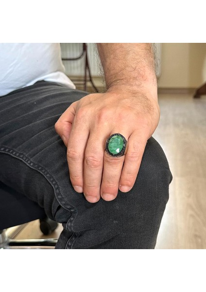 Islami Gümüş Yüzük, Doğal Zümrüt Taşlı Yüzük - 925 Ayar Sert Gümüş Yüzük Erkekler Için