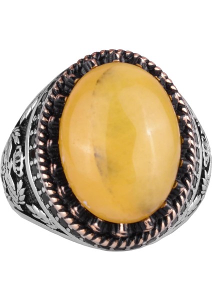 Doğal Taş Yüzük - El Yapımı Şahin Yüzük - 925 Ayar Gümüş Yüzük (Amber)