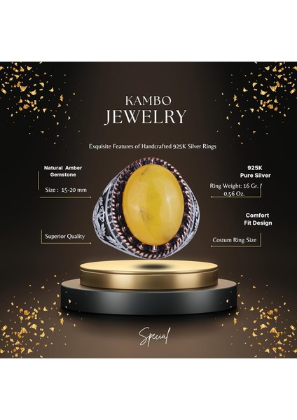 Doğal Taş Yüzük - El Yapımı Şahin Yüzük - 925 Ayar Gümüş Yüzük (Amber) fiyatları
