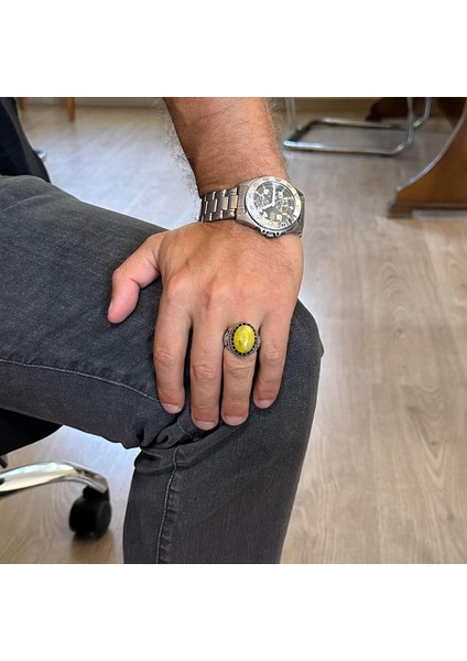 Doğal Taş Yüzük - El Yapımı Şahin Yüzük - 925 Ayar Gümüş Yüzük (Amber) modelleri