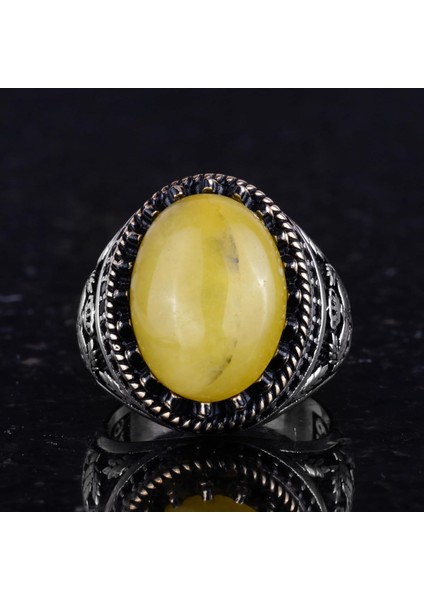 Doğal Taş Yüzük - El Yapımı Şahin Yüzük - 925 Ayar Gümüş Yüzük (Amber) fırsatları